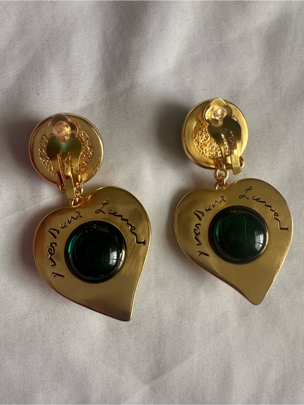 Vintage Yves Saint Laurent Cabochon Clip-On Drop Heart Earrings - Picture 5 of 7